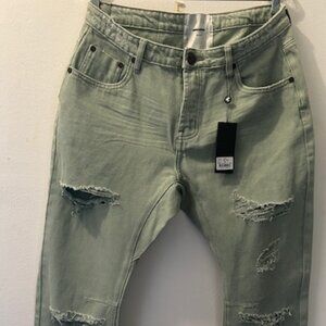 Free People One Teaspoon Fade Khaki Green Distressed Saints Boyfriend Jeans NWT